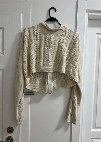 Zara vintage Bej Örgü Fermuarlı Yüksek Yakalı Kadın Kazak