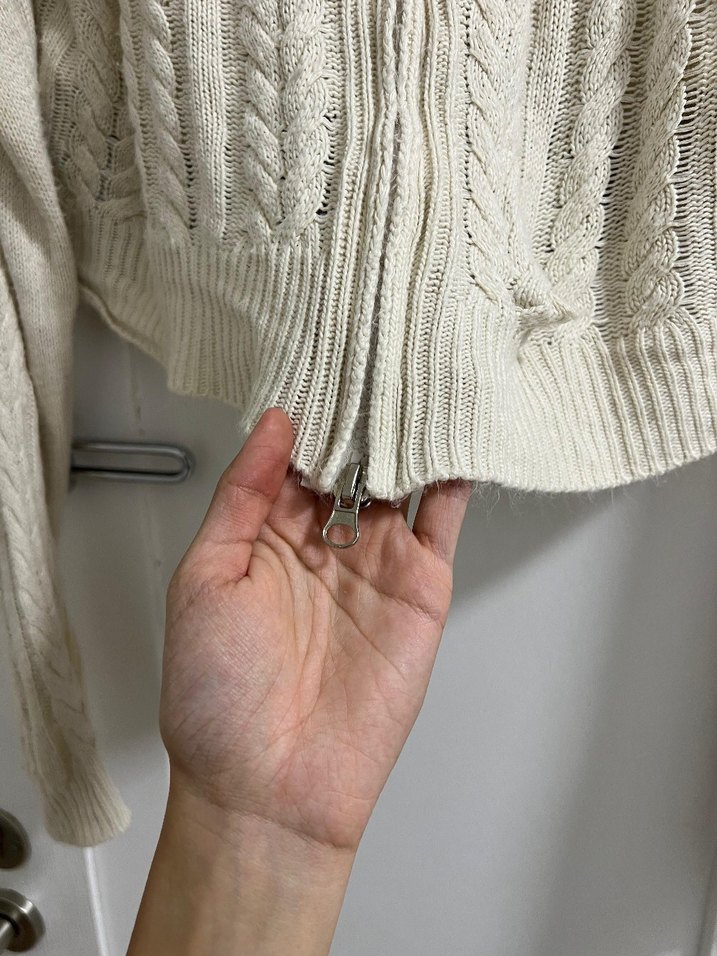 vintage Bej Örgü Fermuarlı Yüksek Yakalı Kadın Kazak - Görsel 3