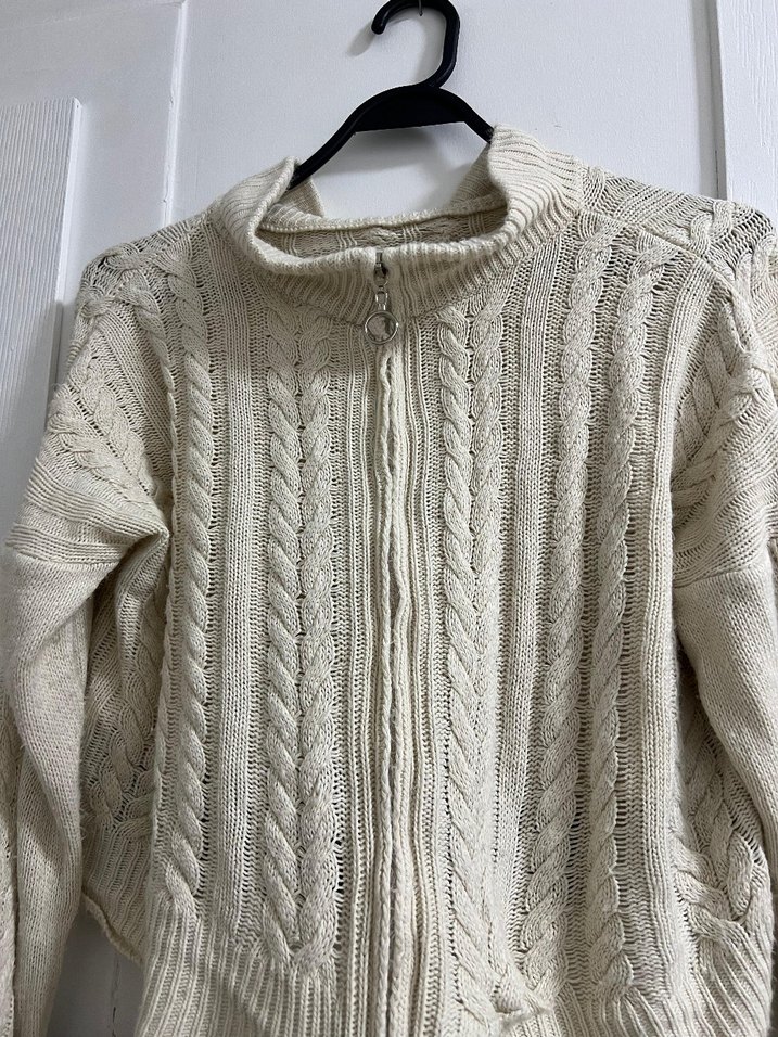 vintage Bej Örgü Fermuarlı Yüksek Yakalı Kadın Kazak - Görsel 4