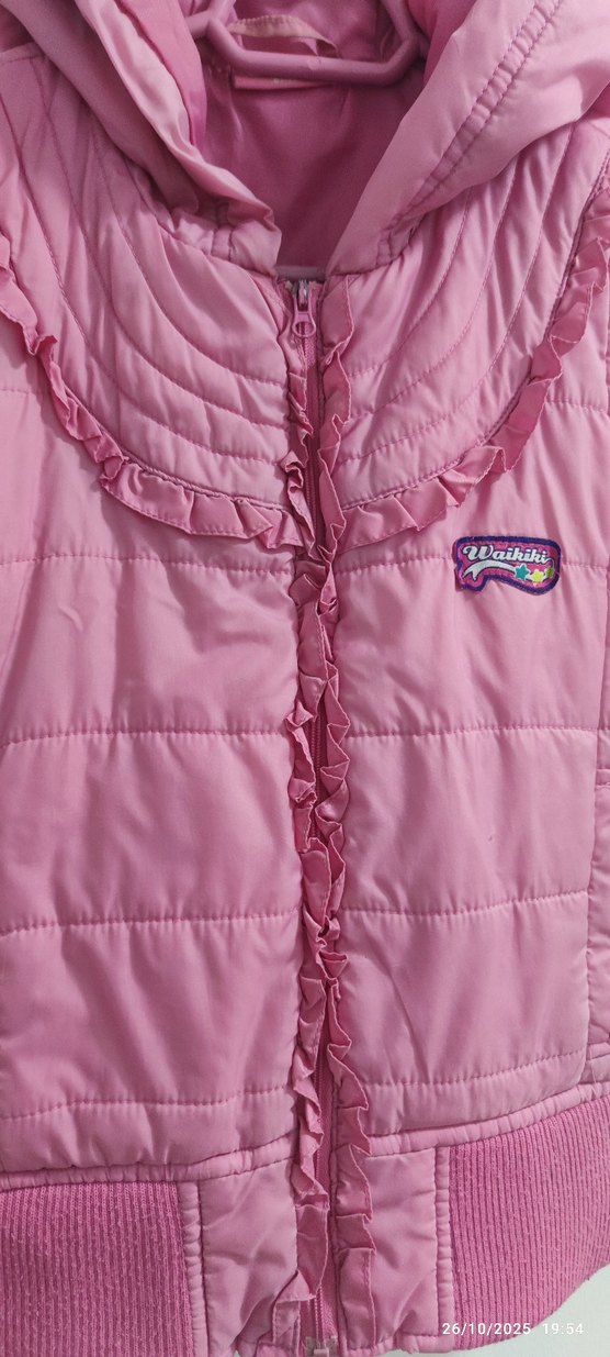 Kız Çocuk Pembe Kapüşonlu Fermuarlı Yelek - Görsel 3