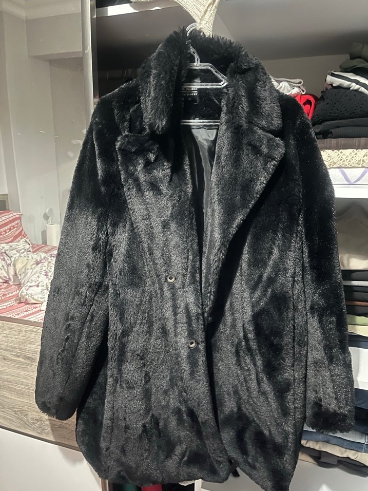 Siyah Suni Kürk Detaylı Midi Kaban - Görsel 2