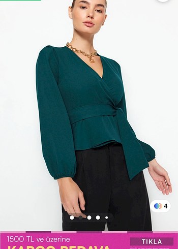 Kuşaklı V Yaka Kadın Bluz - Yeşil - Görsel 2