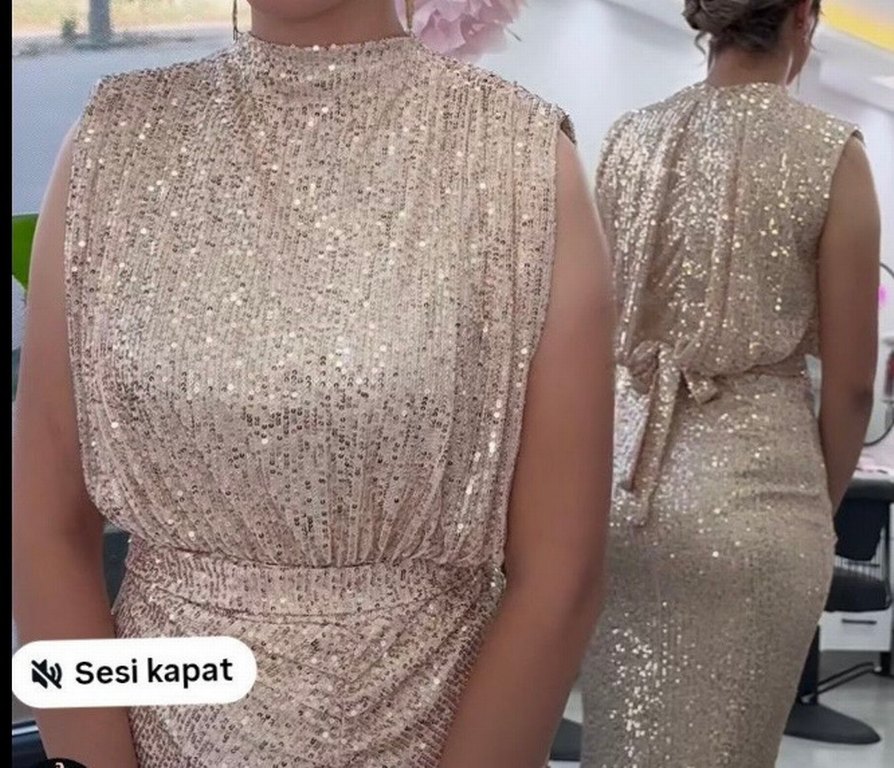 Altın Renk Yılan payetli Uzun Abiye Elbise - Görsel 3