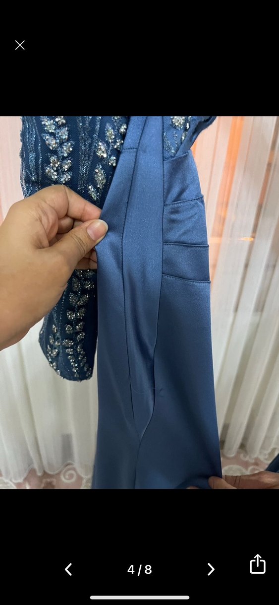 Uzun Kollu Drapeli Mavi İşlemeli Abiye Elbise - Görsel 5