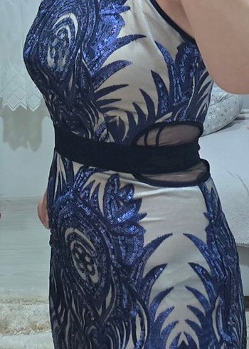 Nakışlı Pul işlemeli Lacivert Uzun Abiye Elbise - Görsel 6