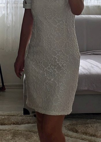 İnci Detaylı Beyaz Dantel Midi Elbise - Görsel 6