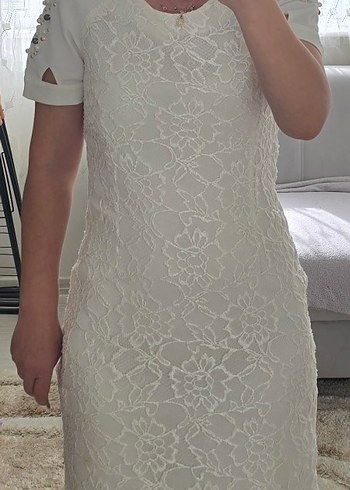 İnci Detaylı Beyaz Dantel Midi Elbise - Görsel 5