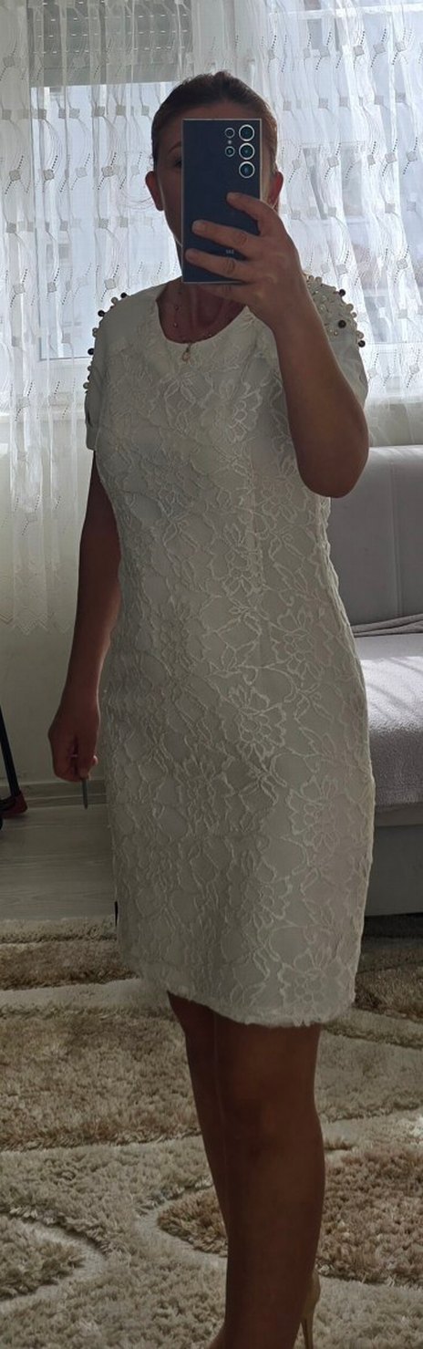 İnci Detaylı Beyaz Dantel Midi Elbise - Görsel 4