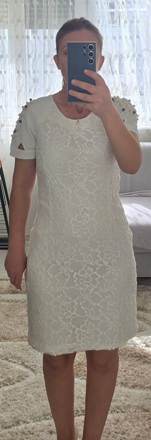 İnci Detaylı Beyaz Dantel Midi Elbise - Görsel 5