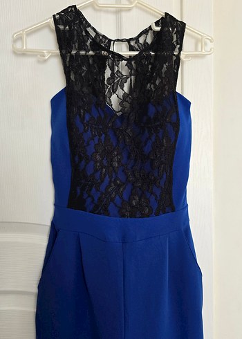 Dantel Detaylı Saks Mavi Kadın Abiye Tulum - Görsel 2