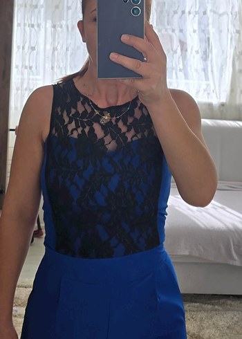 Dantel Detaylı Saks Mavi Kadın Abiye Tulum - Görsel 4