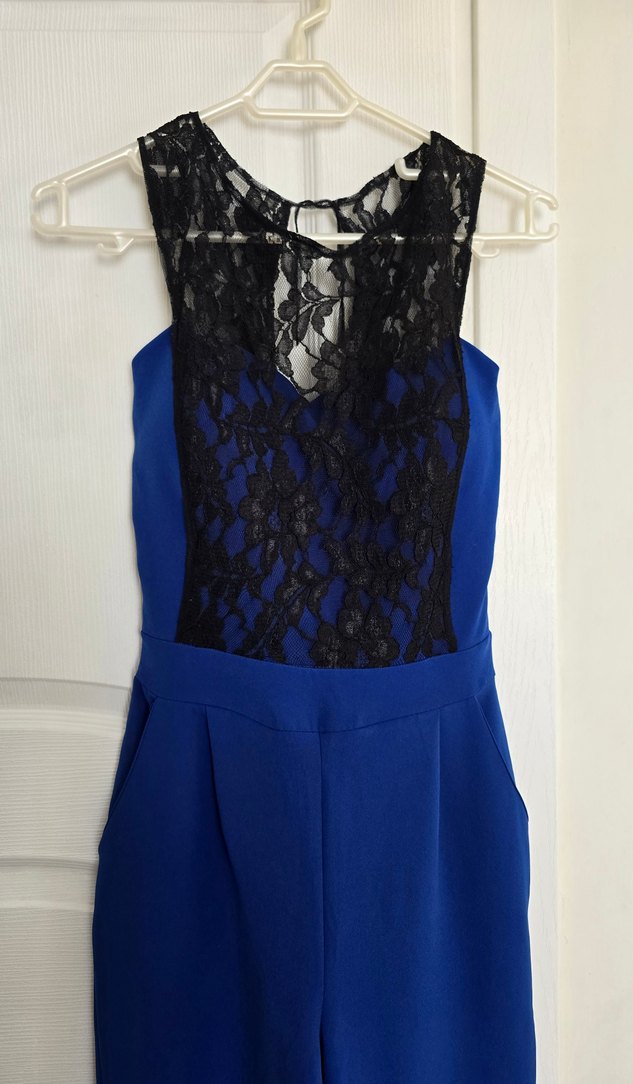 Dantel Detaylı Saks Mavi Kadın Abiye Tulum - Görsel 2