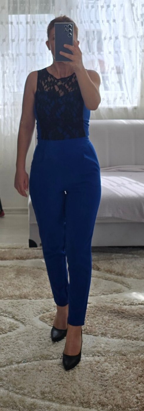 Dantel Detaylı Saks Mavi Kadın Abiye Tulum - Görsel 5