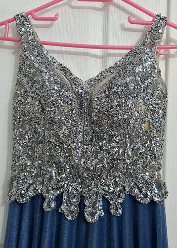 Mavi Uzun Payetli Abiye Elbise - Görsel 3