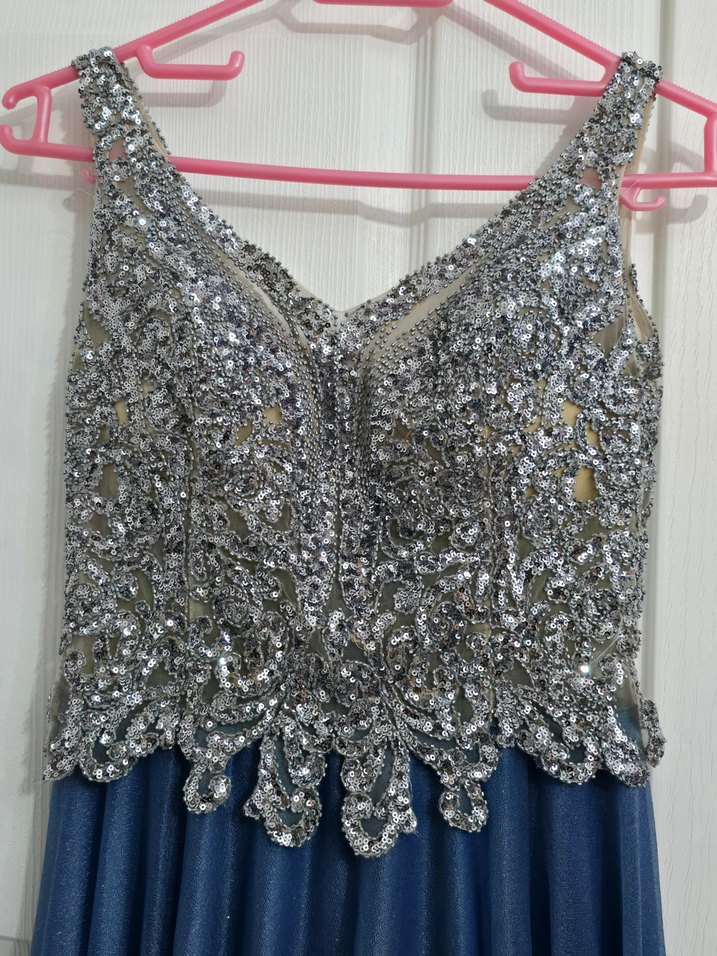 Mavi Uzun Payetli Abiye Elbise - Görsel 3