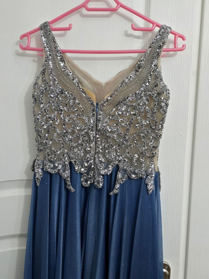 Mavi Uzun Payetli Abiye Elbise - Görsel 4