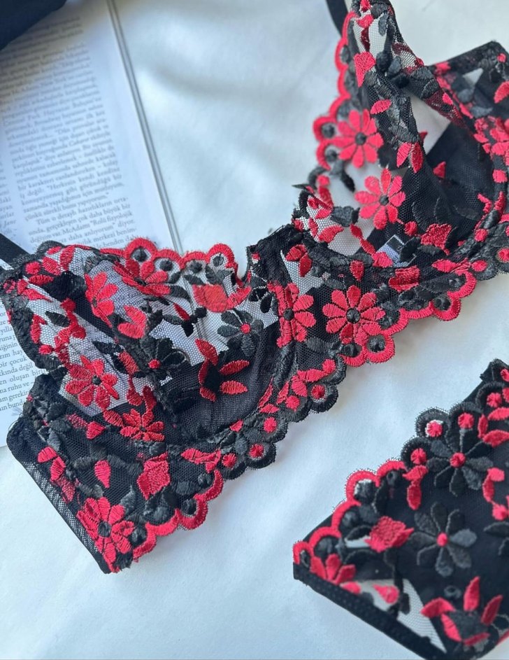 Kırmızı Nakışlı Bralet Sütyen Takımı - Görsel 2