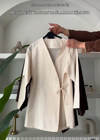 Krem Yan Bağlamalı Midi Kimono