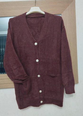 Bordo V Yaka Düğmeli Kadın Hırka - Görsel 2