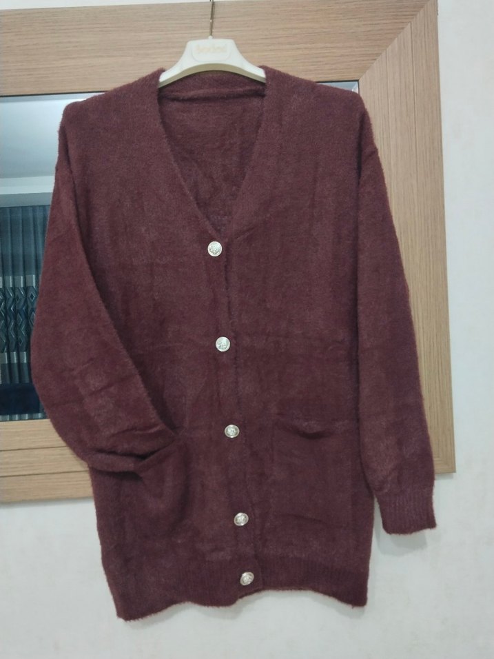 Bordo V Yaka Düğmeli Kadın Hırka - Görsel 2