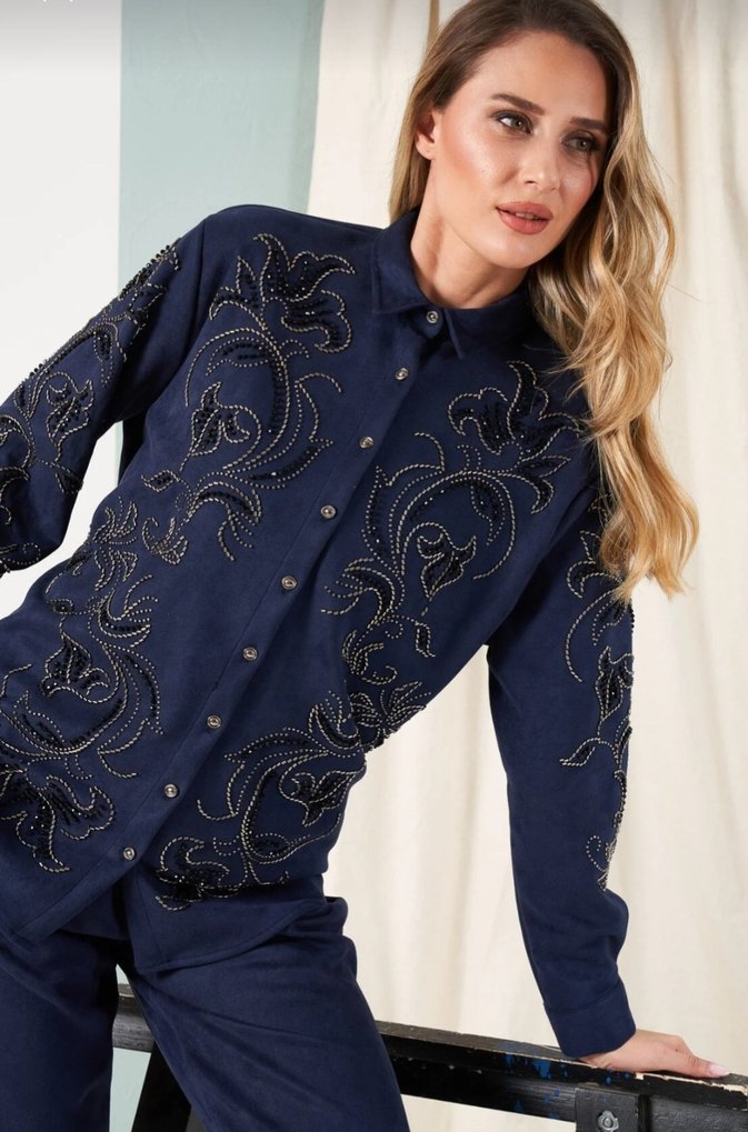 Lacivert Nakışlı Düğmeli Kadın Gömlek - Görsel 2