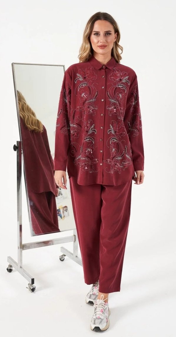 Bordo İşlemeli Kadın Gömlek - Görsel 2