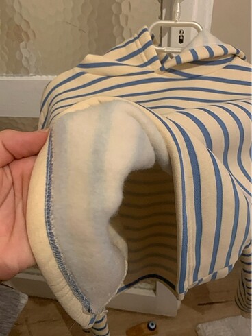 Mavi Çizgili Kapüşonlu Örme Sweatshirt - Görsel 5