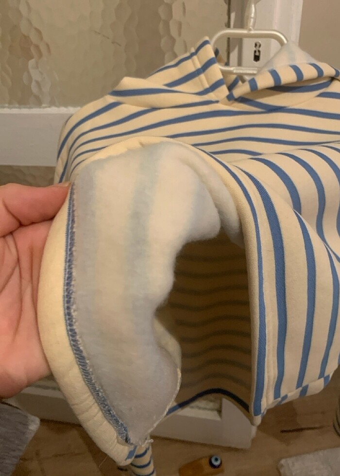 Mavi Çizgili Kapüşonlu Örme Sweatshirt - Görsel 5