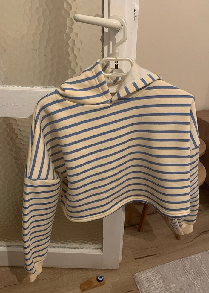 Mavi Çizgili Kapüşonlu Örme Sweatshirt - Görsel 4