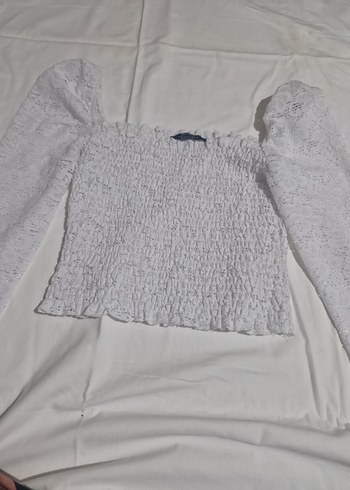 Kadın Beyaz Örme Kısa Keten Bluz - Görsel 3