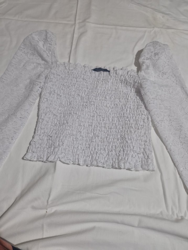 Kadın Beyaz Örme Kısa Keten Bluz - Görsel 3