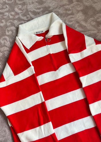 Çizgili Kırmızı Beyaz Triko Kadın Kazak - Görsel 2
