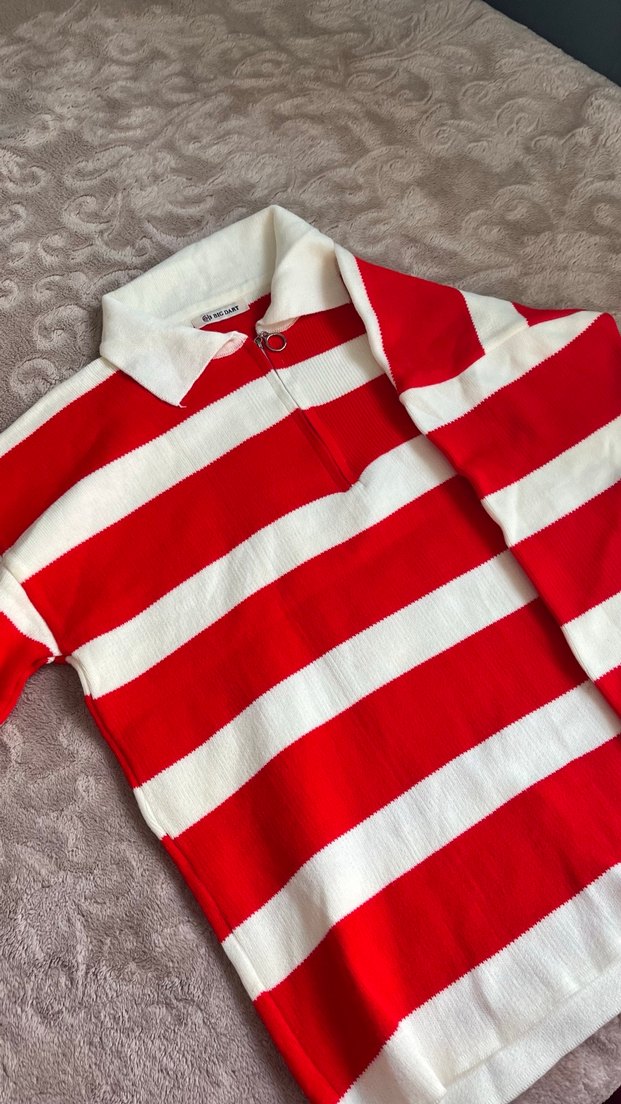 Çizgili Kırmızı Beyaz Triko Kadın Kazak - Görsel 3