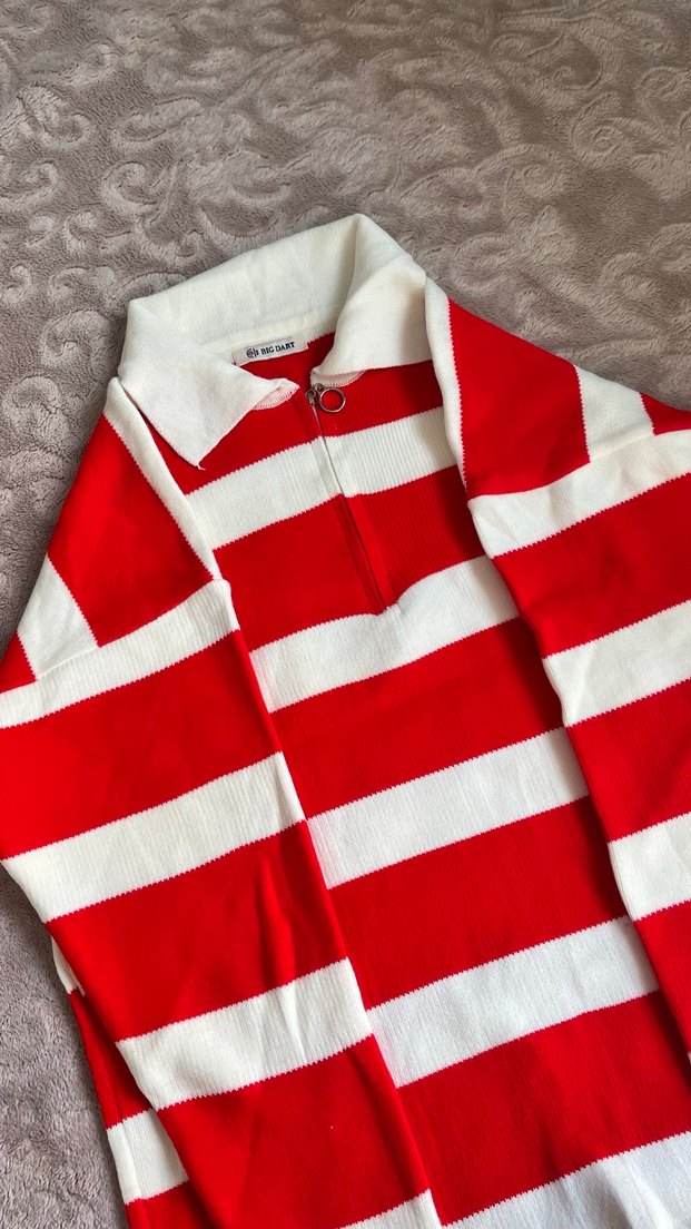 Çizgili Kırmızı Beyaz Triko Kadın Kazak - Görsel 2
