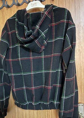 Siyah Kareli Kapüşonlu Fermuarlı Ceket - Görsel 2