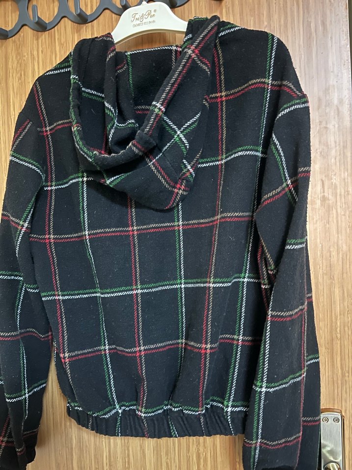 Siyah Kareli Kapüşonlu Fermuarlı Ceket - Görsel 2