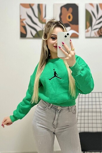 Yeşil nakışlı Sweatshirt