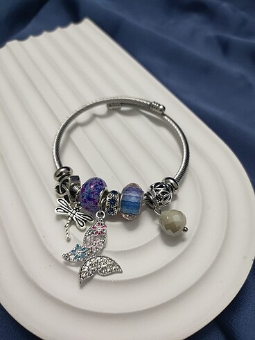 Mor çiçek kanatlı kelebek Pandora charm bileklik