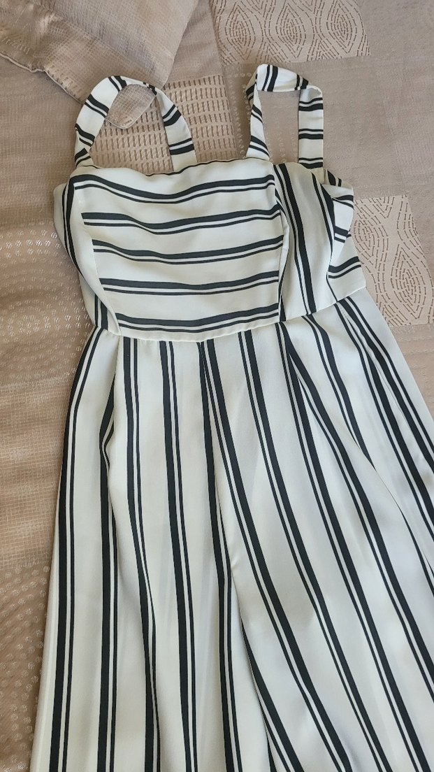 Çizgili V Yaka Uzun Tulum - Görsel 3