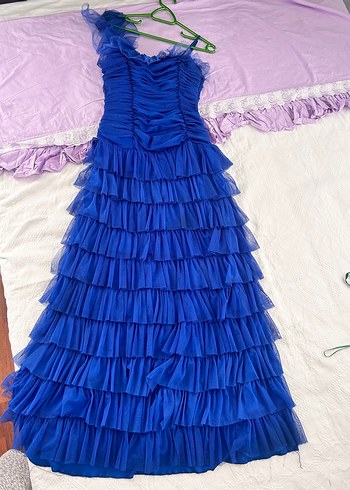 Parlak Lacivert Pilili Uzun Abiye Elbise - Görsel 5