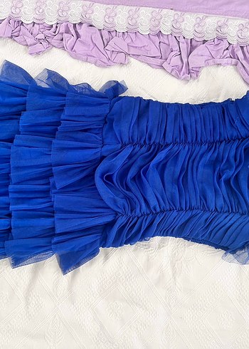 Parlak Lacivert Pilili Uzun Abiye Elbise - Görsel 4