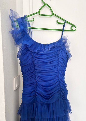 Parlak Lacivert Pilili Uzun Abiye Elbise - Görsel 3