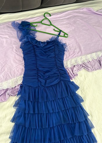 Parlak Lacivert Pilili Uzun Abiye Elbise - Görsel 6