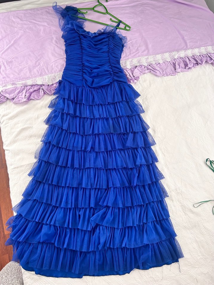 Parlak Lacivert Pilili Uzun Abiye Elbise - Görsel 5