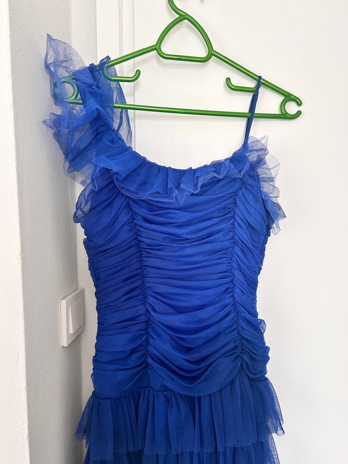 Parlak Lacivert Pilili Uzun Abiye Elbise - Görsel 3