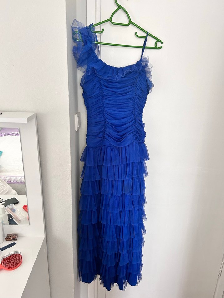 Parlak Lacivert Pilili Uzun Abiye Elbise - Görsel 2