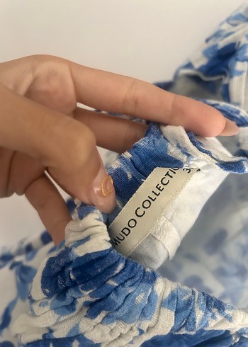 Mavi Çiçek Desenli Midi Bohem Keten Elbise - Görsel 4