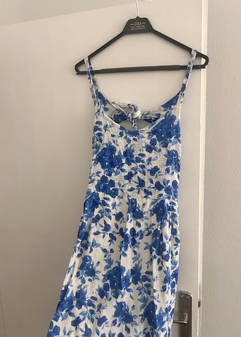 Mavi Çiçek Desenli Midi Bohem Keten Elbise - Görsel 3