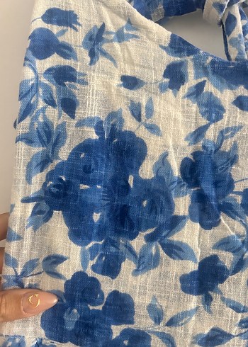 Mavi Çiçek Desenli Midi Bohem Keten Elbise - Görsel 6