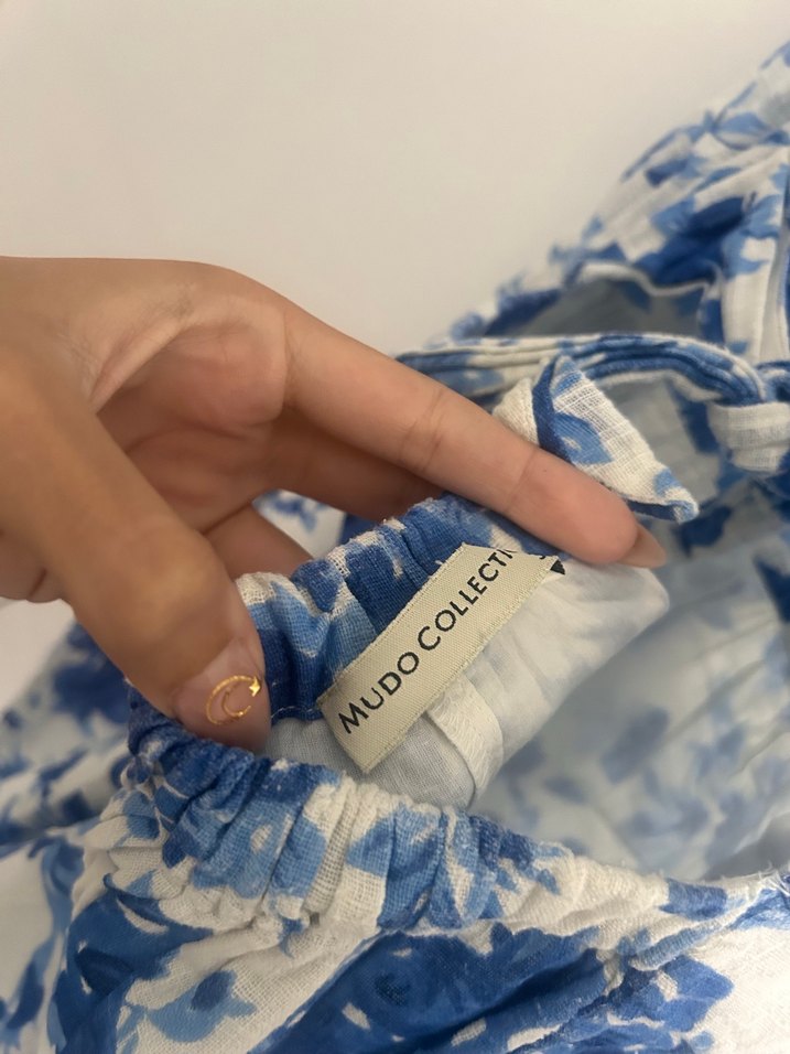 Mavi Çiçek Desenli Midi Bohem Keten Elbise - Görsel 5